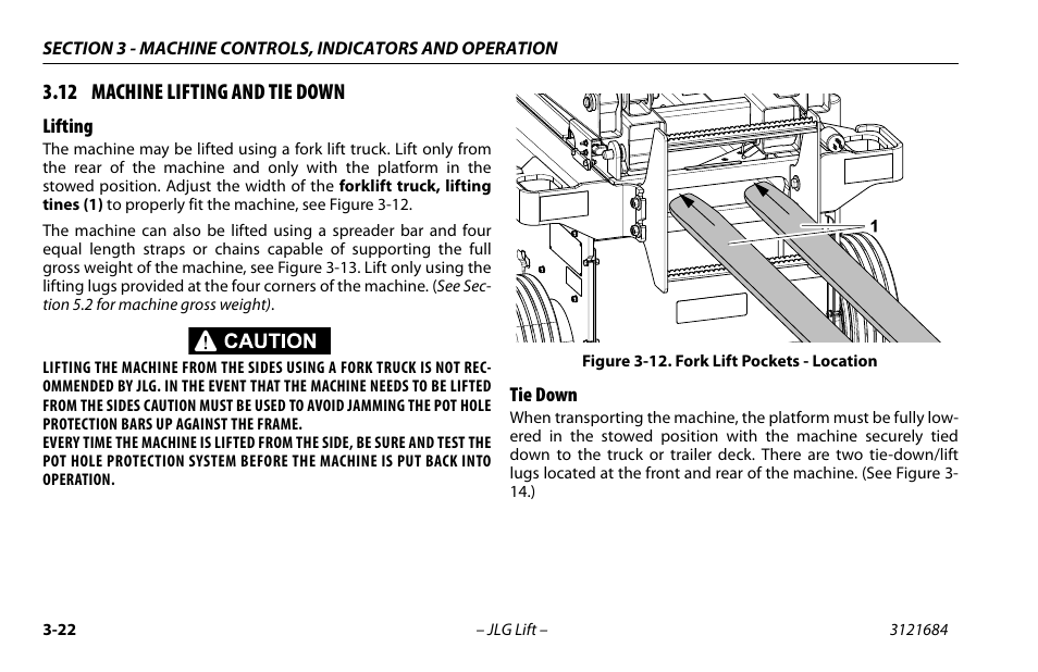 12 machine lifting and tie down, Lifting, Tie down | 12 machine lifting and tie down -21, Lifting -21, Tie down -21, Fork lift pockets - location -21 | JLG R6 User Manual | Page 54 / 92