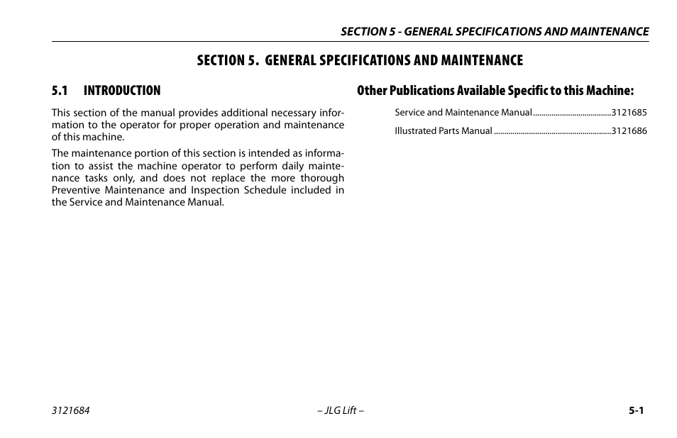 Section 5. general specifications and maintenance, 1 introduction, Introduction -1 | JLG R6 User Manual | Page 61 / 92