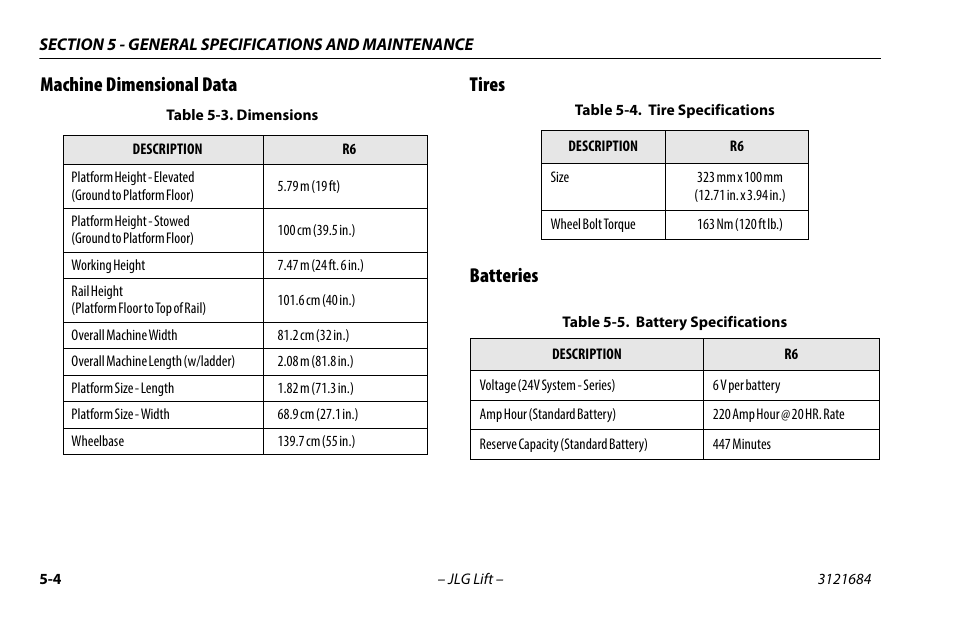 Machine dimensional data, Tires, Batteries | Machine dimensional data -4 tires -4 batteries -4, Dimensions -4, Tire specifications -4, Battery specifications -4, Machine dimensional data tires batteries | JLG R6 User Manual | Page 64 / 92