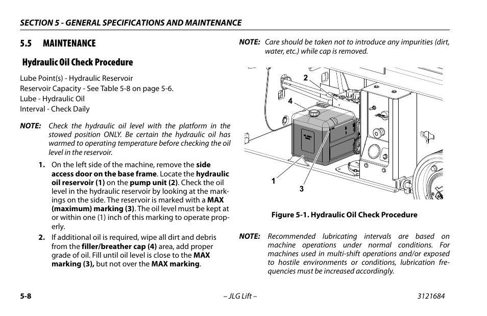 5 maintenance, Hydraulic oil check procedure, Maintenance -8 | Hydraulic oil check procedure -8, Ee section 5.5), 5 maintenance hydraulic oil check procedure | JLG R6 User Manual | Page 68 / 92