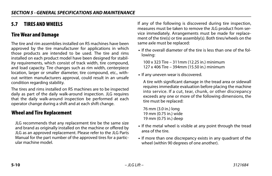 7 tires and wheels, Tire wear and damage, Wheel and tire replacement | Tires and wheels -10, 7 tires and wheels tire wear and damage | JLG R6 User Manual | Page 70 / 92