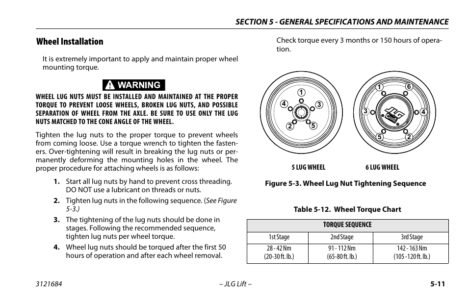 Wheel installation, Wheel installation -11, Wheel lug nut tightening sequence -11 | Wheel torque chart -11 | JLG R6 User Manual | Page 71 / 92