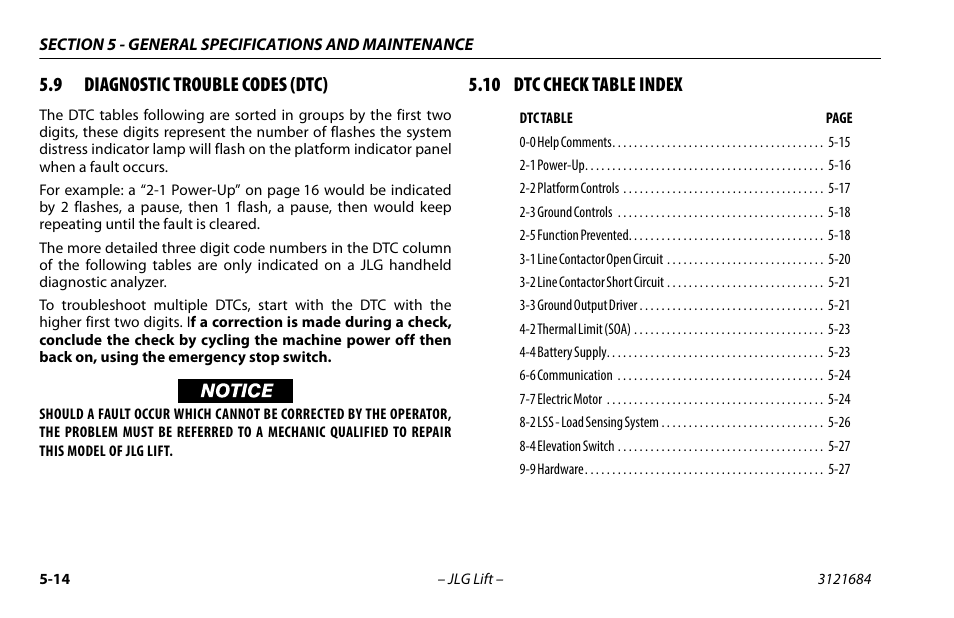 9 diagnostic trouble codes (dtc), 10 dtc check table index, Diagnostic trouble codes (dtc) -14 | 10 dtc check table index -14, In section 5.9 | JLG R6 User Manual | Page 74 / 92