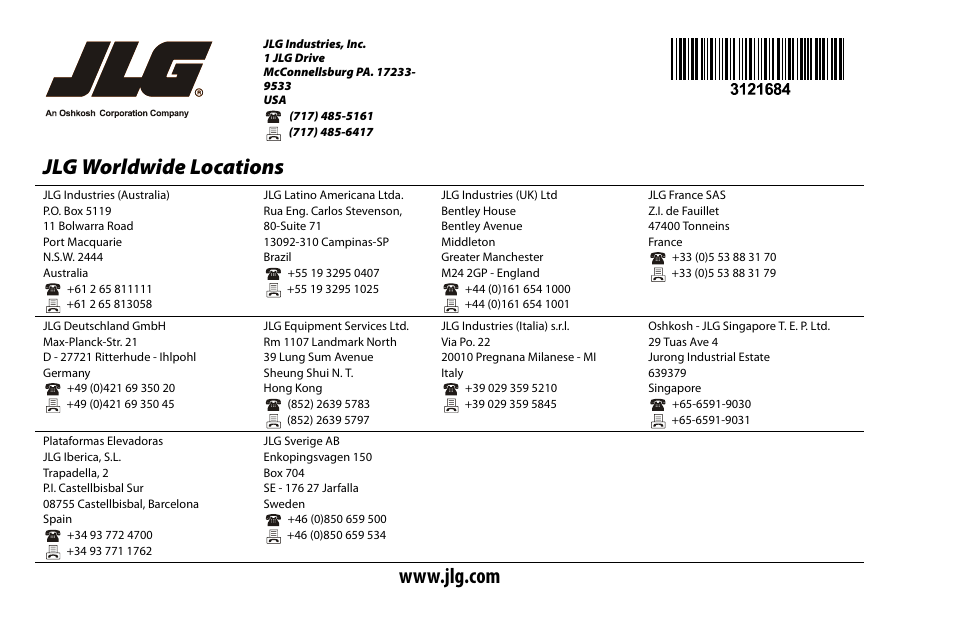 Jlg worldwide locations | JLG R6 User Manual | Page 92 / 92