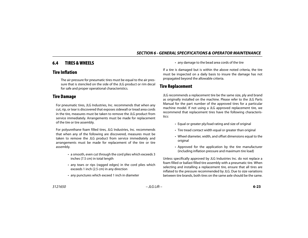 4 tires & wheels, Tire inflation, Tire damage | Tire replacement, Tires & wheels -23, 4 tires & wheels tire inflation | JLG 740AJ ANSI Operator Manual User Manual | Page 119 / 130