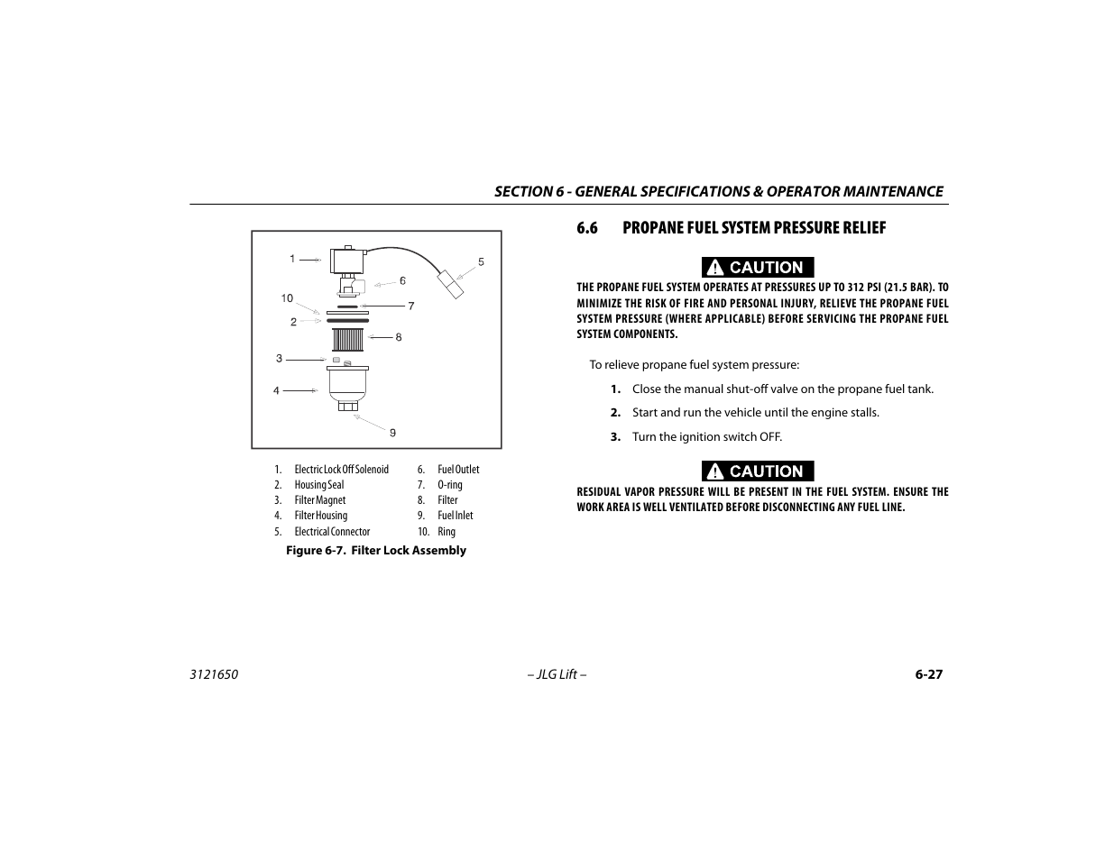 6 propane fuel system pressure relief, Propane fuel system pressure relief -27, Filter lock assembly -27 | JLG 740AJ ANSI Operator Manual User Manual | Page 123 / 130