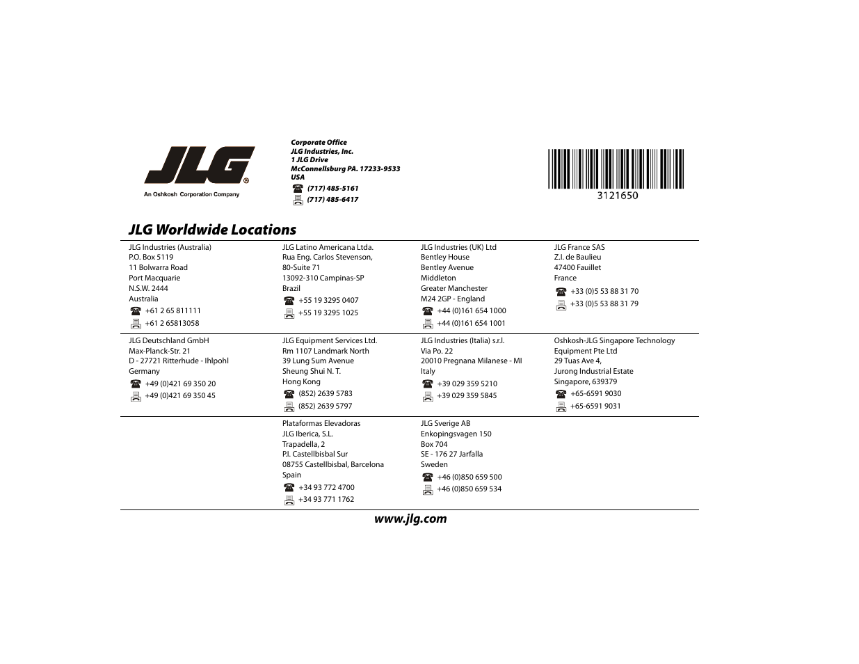 Jlg worldwide locations | JLG 740AJ ANSI Operator Manual User Manual | Page 130 / 130