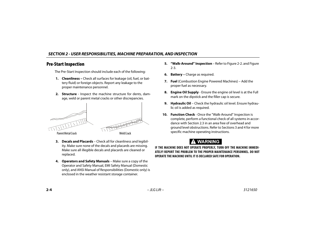 Pre-start inspection, Pre-start inspection -4 | JLG 740AJ ANSI Operator Manual User Manual | Page 30 / 130