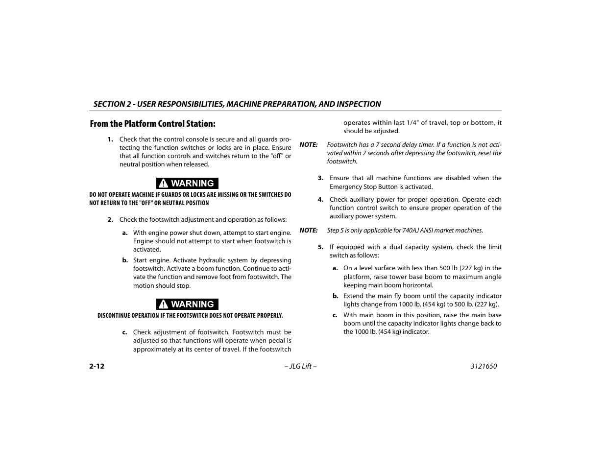 From the platform control station, From the platform control station: -12 | JLG 740AJ ANSI Operator Manual User Manual | Page 38 / 130