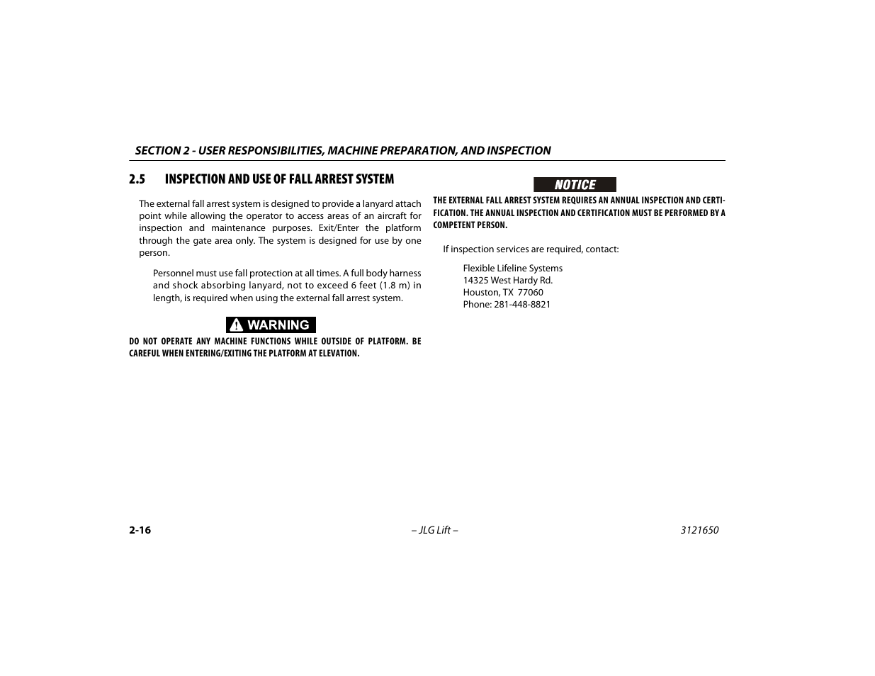 5 inspection and use of fall arrest system, Inspection and use of fall arrest system -16 | JLG 740AJ ANSI Operator Manual User Manual | Page 42 / 130