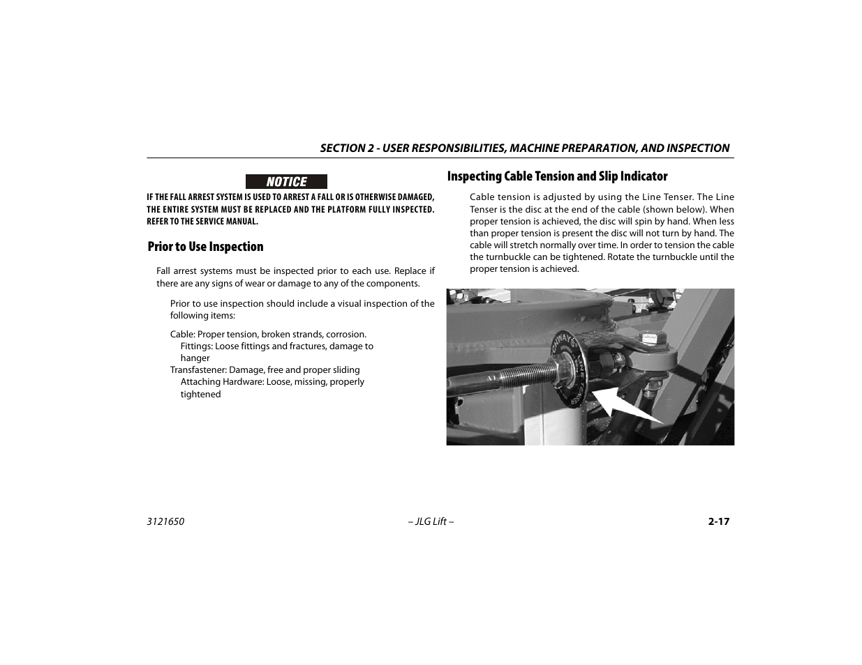 Prior to use inspection, Inspecting cable tension and slip indicator | JLG 740AJ ANSI Operator Manual User Manual | Page 43 / 130