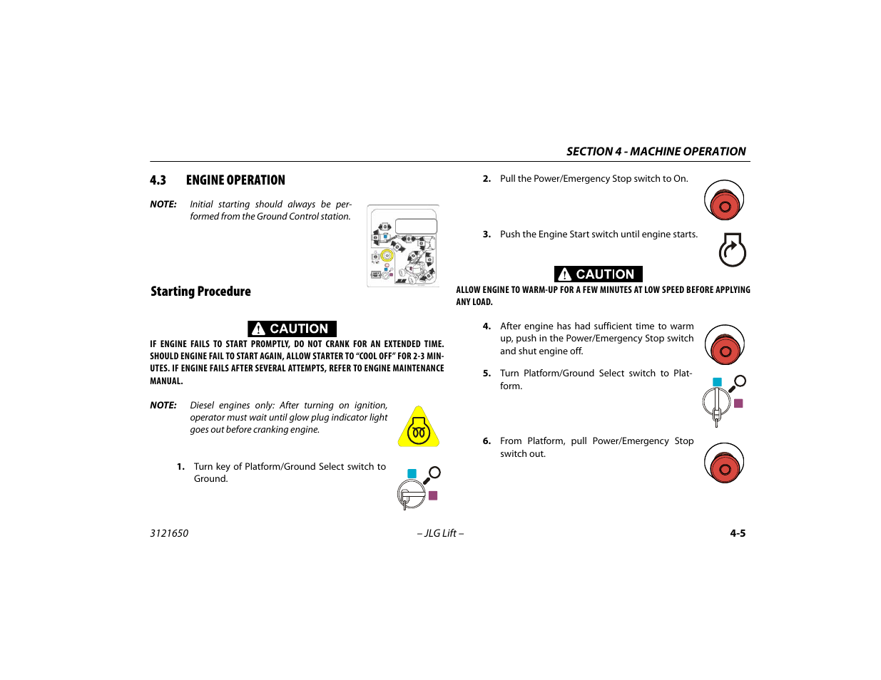 3 engine operation, Starting procedure, Engine operation -5 | Starting procedure -5 | JLG 740AJ ANSI Operator Manual User Manual | Page 71 / 130