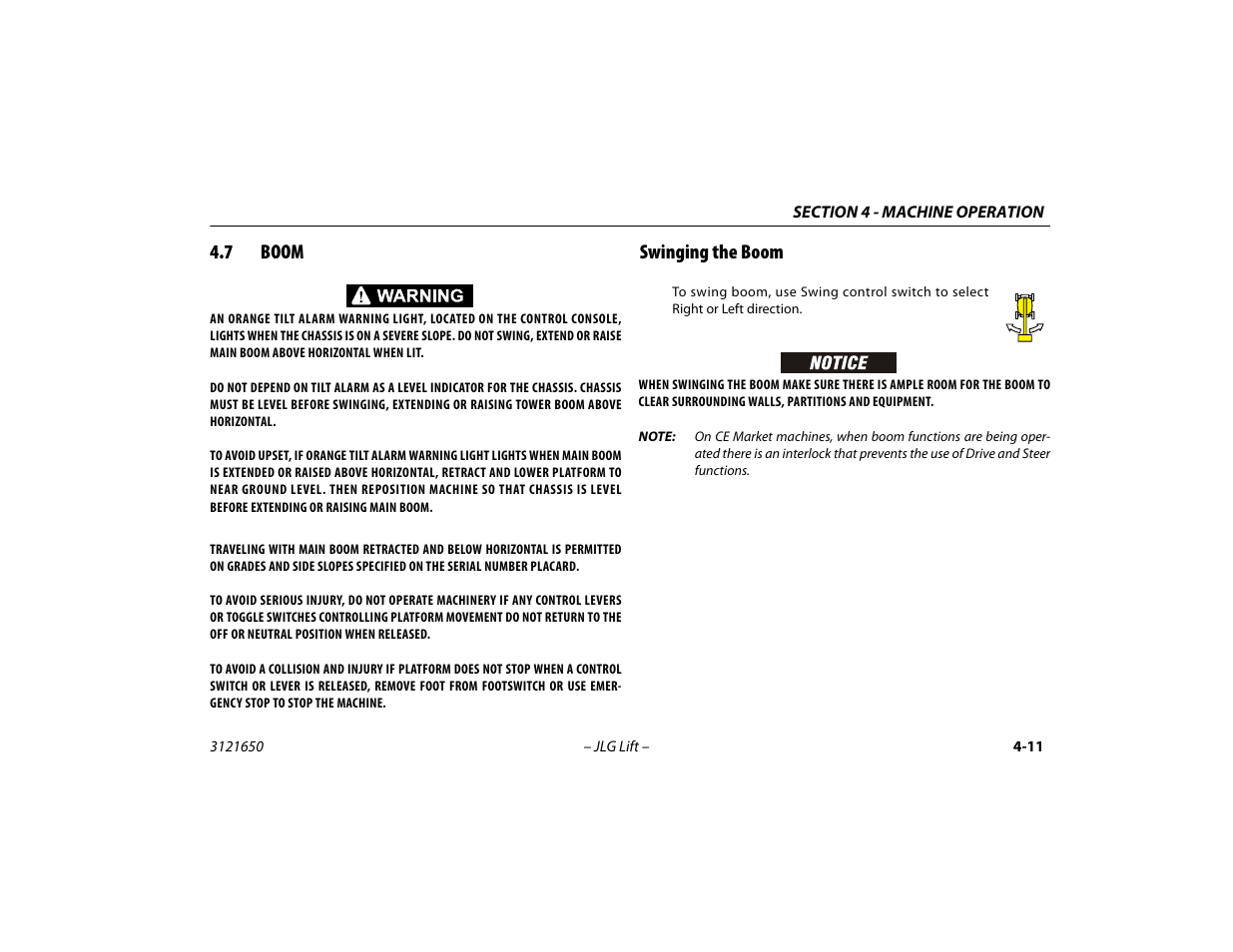 7 boom, Swinging the boom, Boom -11 | Swinging the boom -11 | JLG 740AJ ANSI Operator Manual User Manual | Page 77 / 130