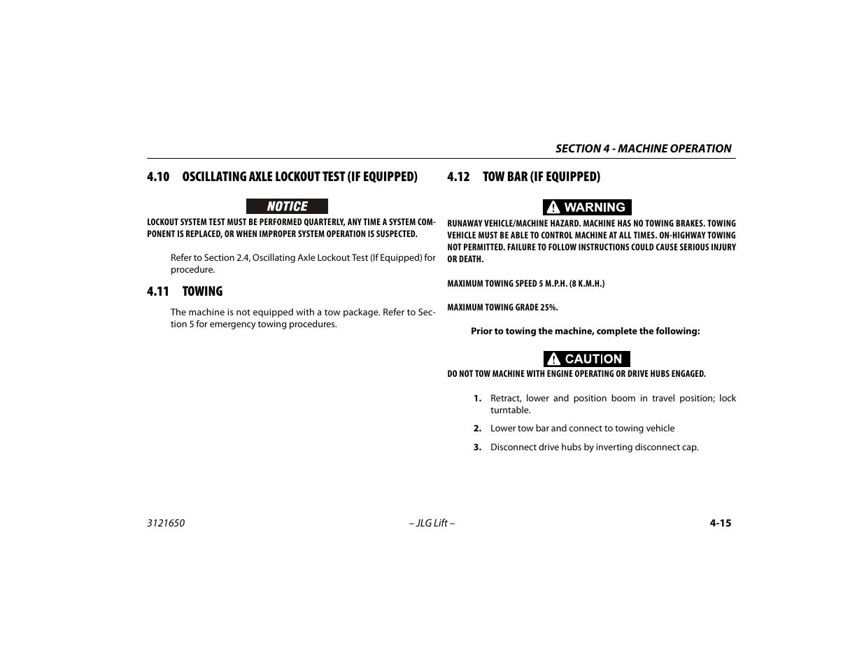 10 oscillating axle lockout test (if equipped), 11 towing, 12 tow bar (if equipped) | JLG 740AJ ANSI Operator Manual User Manual | Page 81 / 130