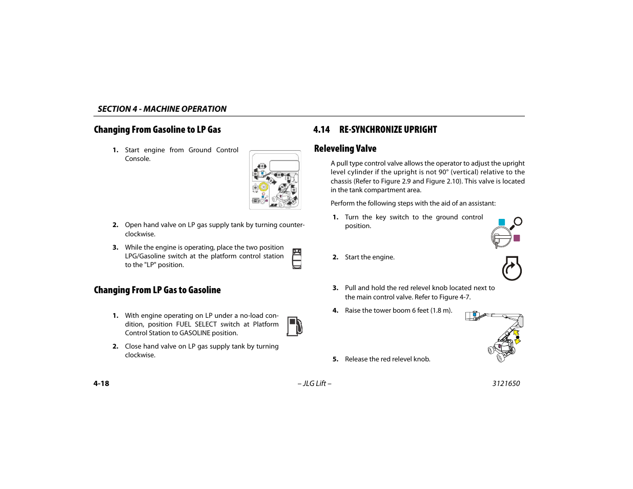 Changing from gasoline to lp gas, Changing from lp gas to gasoline, 14 re-synchronize upright | Releveling valve, 14 re-synchronize upright -18, Releveling valve -18, 14 re-synchronize upright releveling valve | JLG 740AJ ANSI Operator Manual User Manual | Page 84 / 130