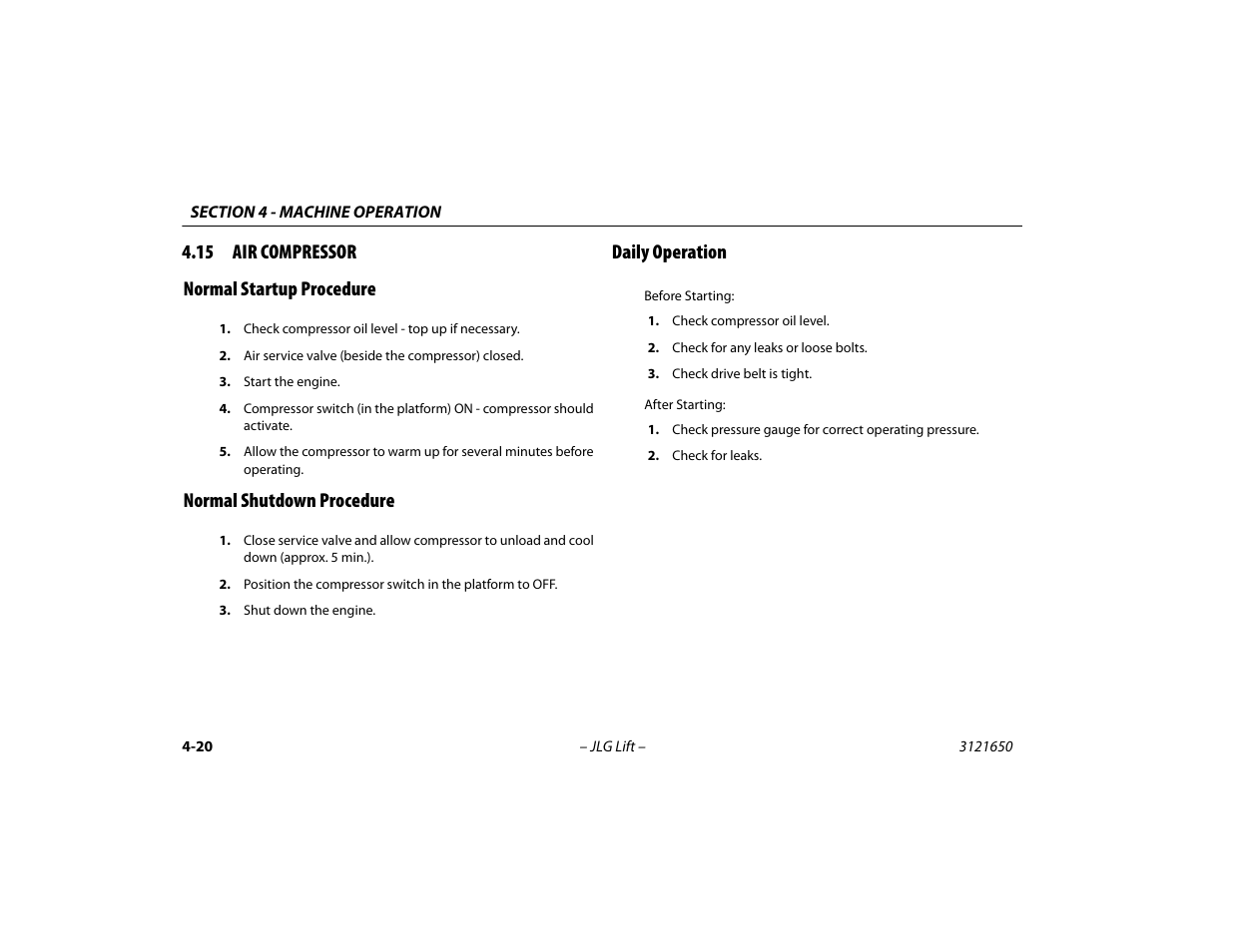 15 air compressor, Normal startup procedure, Normal shutdown procedure | Daily operation, 15 air compressor -20, 15 air compressor normal startup procedure | JLG 740AJ ANSI Operator Manual User Manual | Page 86 / 130