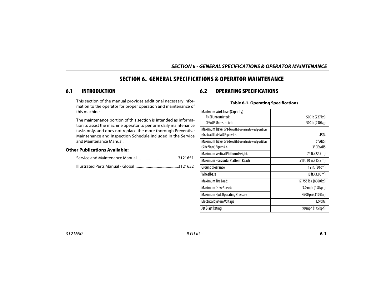 1 introduction, 2 operating specifications, Introduction -1 | Operating specifications -1 | JLG 740AJ ANSI Operator Manual User Manual | Page 97 / 130