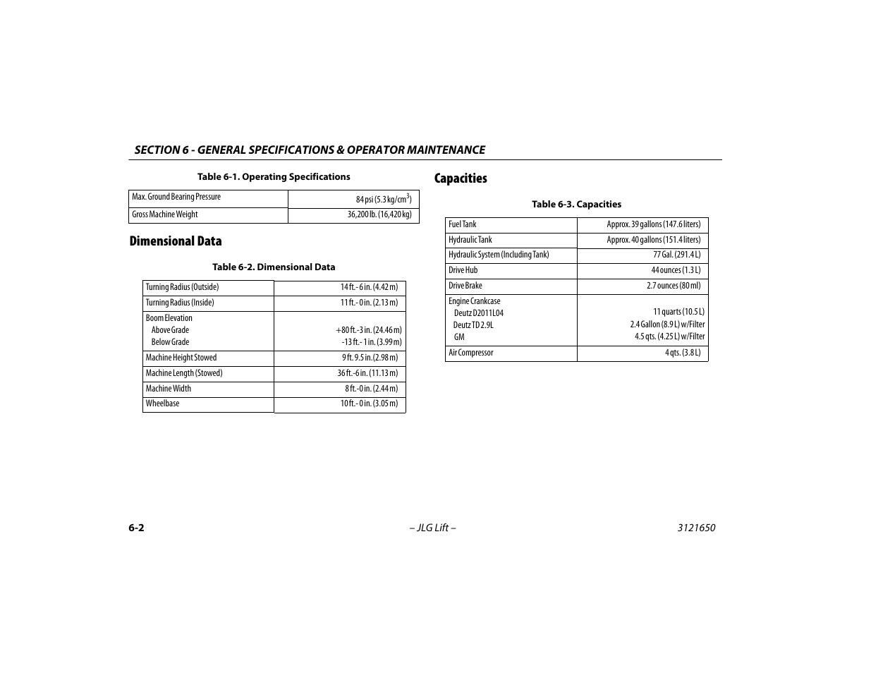 Dimensional data, Capacities, Dimensional data -2 capacities -2 | Dimensional data -2, Capacities -2, Dimensional data capacities | JLG 740AJ ANSI Operator Manual User Manual | Page 98 / 130