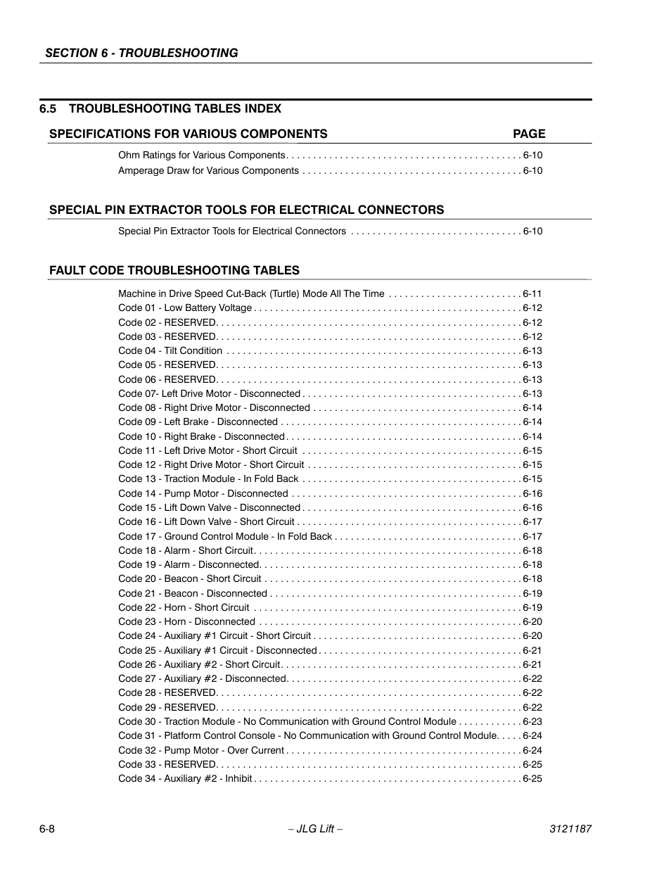 5 troubleshooting tables index, Fault code troubleshooting tables, 5 troubleshooting tables index -8 | Section 6.5, troubleshoot- ing tables index in th | JLG SSV10 Service Manual User Manual | Page 100 / 136