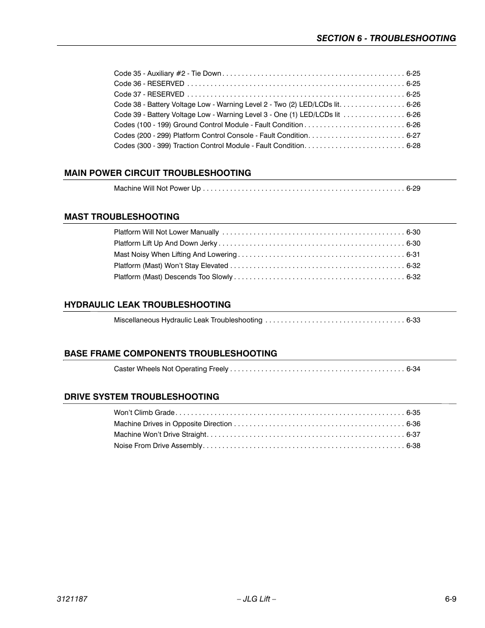 Main power circuit troubleshooting, Mast troubleshooting, Hydraulic leak troubleshooting | Base frame components troubleshooting, Drive system troubleshooting | JLG SSV10 Service Manual User Manual | Page 101 / 136