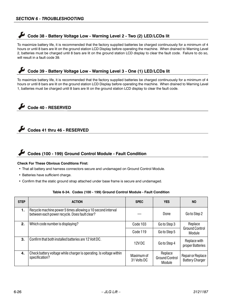 Code 40 - reserved, Codes 41 thru 46 - reserved, Ge 6-26 | See table 6-34 | JLG SSV10 Service Manual User Manual | Page 118 / 136