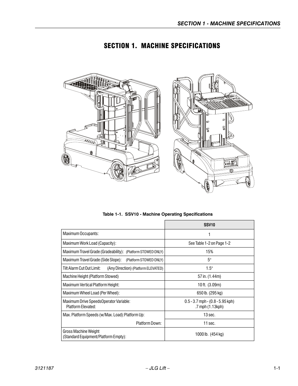 Section 1. machine specifications, Section 1 - machine specifications, Ssv10 - machine operating specifications -1 | JLG SSV10 Service Manual User Manual | Page 13 / 136