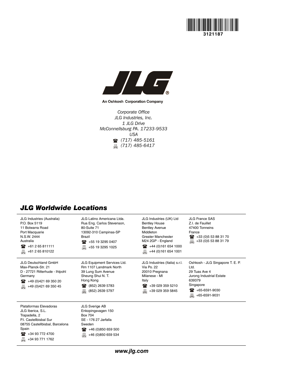 Jlg worldwide locations | JLG SSV10 Service Manual User Manual | Page 136 / 136