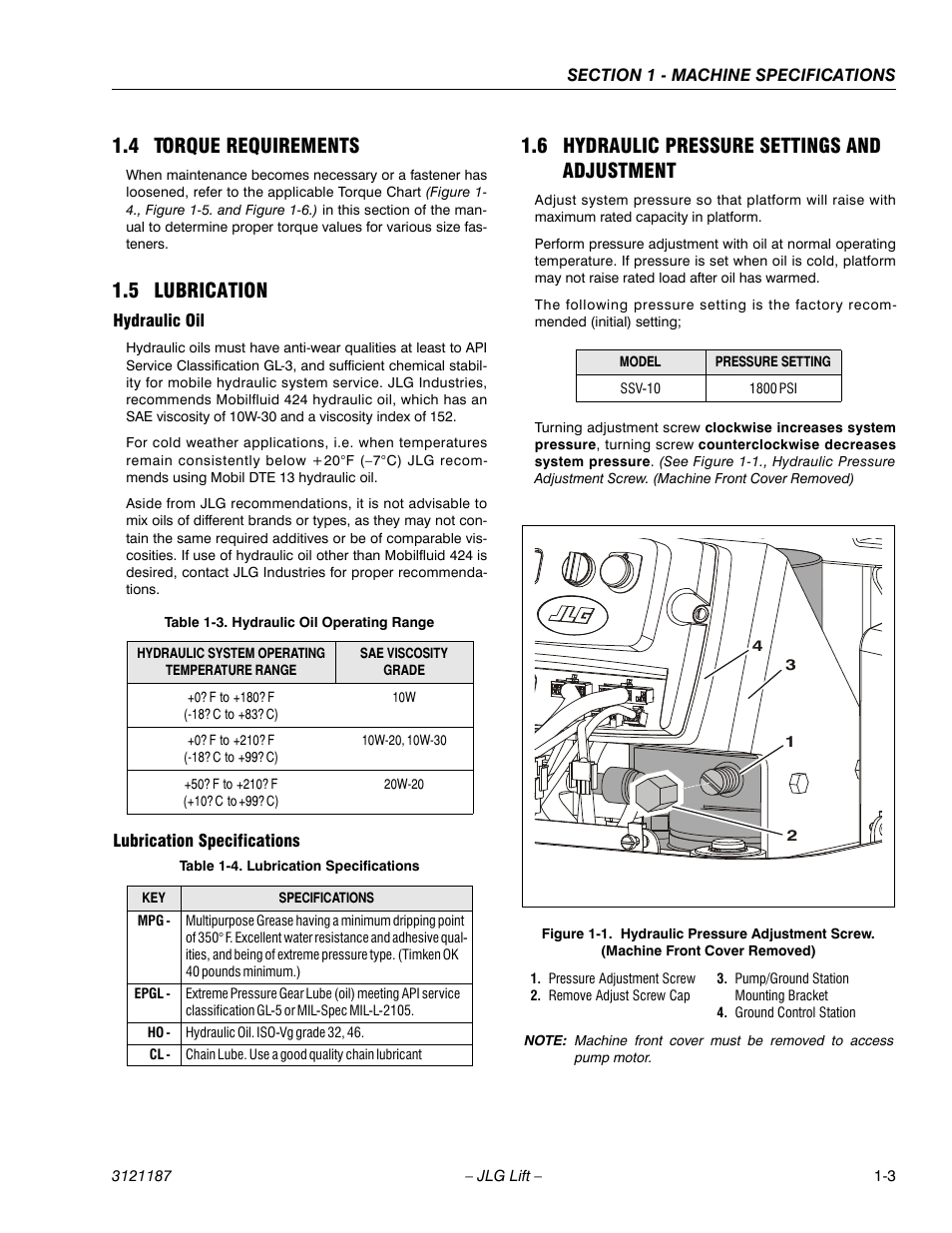 4 torque requirements, 5 lubrication, Hydraulic oil | Lubrication specifications, 6 hydraulic pressure settings and adjustment, 4 torque requirements -3 1.5 lubrication -3, Hydraulic oil -3 lubrication specifications -3, 6 hydraulic pressure settings and adjustment -3, Hydraulic pressure adjustment screw -3, Hydraulic oil operating range -3 | JLG SSV10 Service Manual User Manual | Page 15 / 136