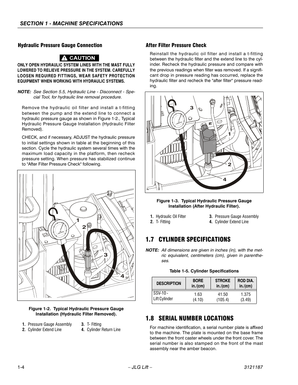 Hydraulic pressure gauge connection, After filter pressure check, 7 cylinder specifications | 8 serial number locations, Cylinder specifications -4 | JLG SSV10 Service Manual User Manual | Page 16 / 136