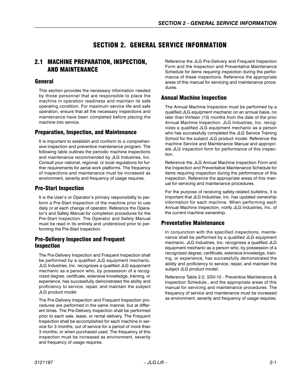 Section 2. general service information, 1 machine preparation, inspection, and maintenance, General | Preparation, inspection, and maintenance, Pre-start inspection, Pre-delivery inspection and frequent inspection, Annual machine inspection, Preventative maintenance, Section 2 - general service information | JLG SSV10 Service Manual User Manual | Page 21 / 136