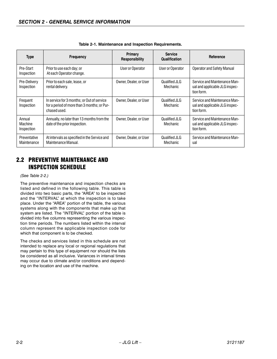 2 preventive maintenance and inspection schedule, Maintenance and inspection requirements -2 | JLG SSV10 Service Manual User Manual | Page 22 / 136