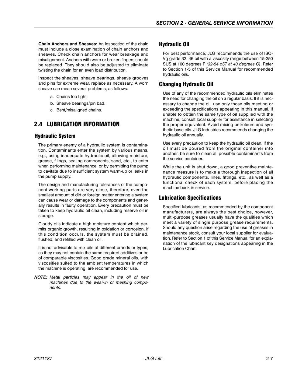 4 lubrication information, Hydraulic system, Hydraulic oil | Changing hydraulic oil, Lubrication specifications, 4 lubrication information -7 | JLG SSV10 Service Manual User Manual | Page 27 / 136