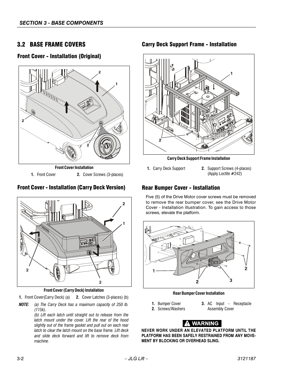 2 base frame covers, Front cover - installation (original), Front cover - installation (carry deck version) | Carry deck support frame - installation, Rear bumper cover - installation, 2 base frame covers -2 | JLG SSV10 Service Manual User Manual | Page 30 / 136