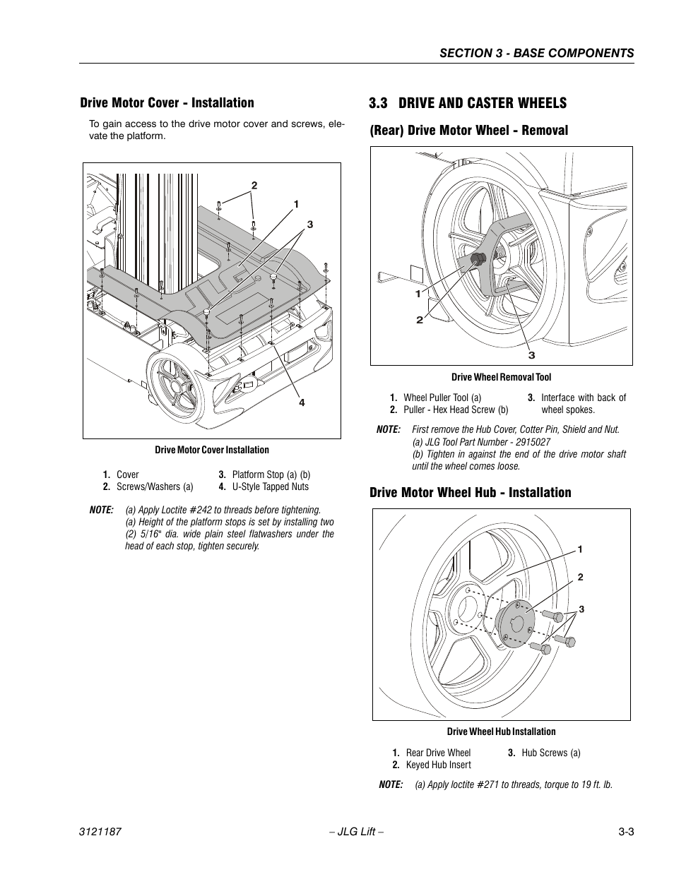 Drive motor cover - installation, 3 drive and caster wheels, Rear) drive motor wheel - removal | Drive motor wheel hub - installation, Drive motor cover - installation -3, 3 drive and caster wheels -3 | JLG SSV10 Service Manual User Manual | Page 31 / 136