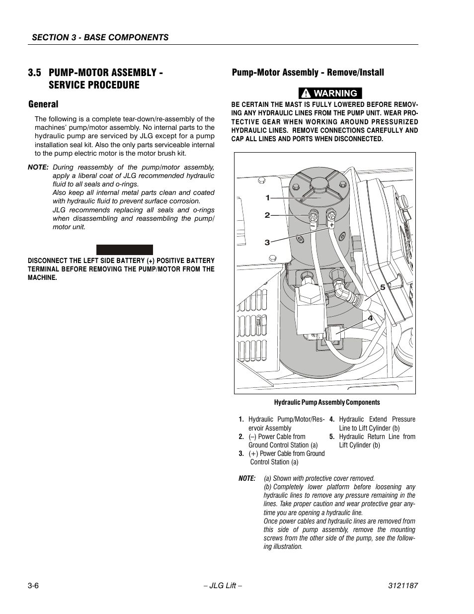 5 pump-motor assembly - service procedure, General, Pump-motor assembly - remove/install | 5 pump-motor assembly - service procedure -6, General -6 pump-motor assembly - remove/install -6 | JLG SSV10 Service Manual User Manual | Page 34 / 136
