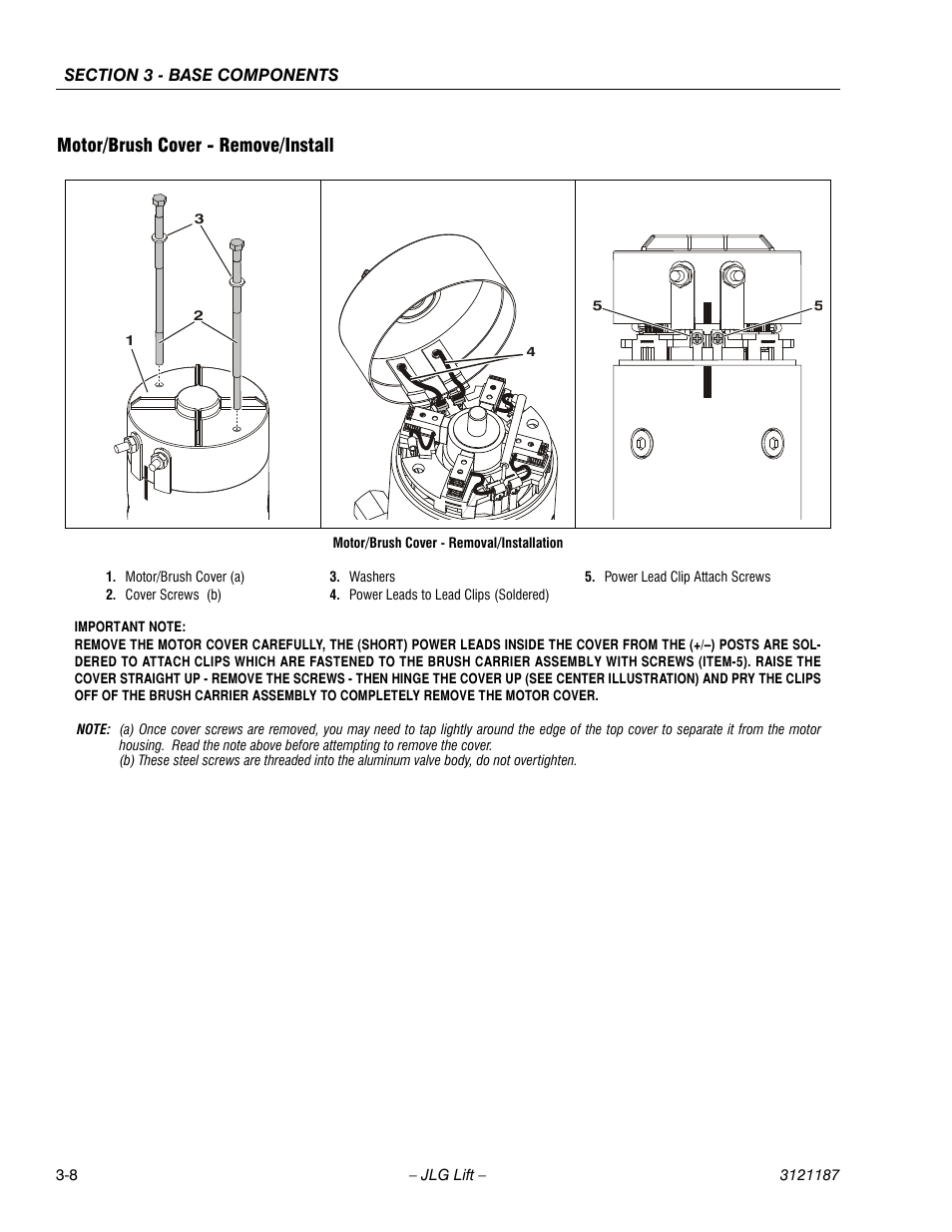 Motor/brush cover - remove/install, Motor/brush cover - remove/install -8 | JLG SSV10 Service Manual User Manual | Page 36 / 136