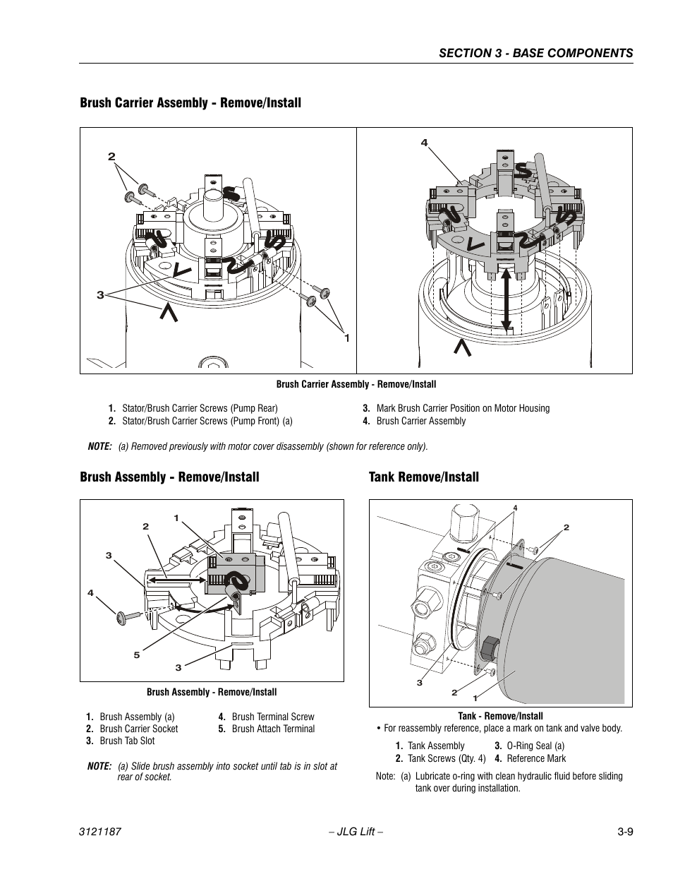 Brush carrier assembly - remove/install, Brush assembly - remove/install, Tank remove/install | JLG SSV10 Service Manual User Manual | Page 37 / 136