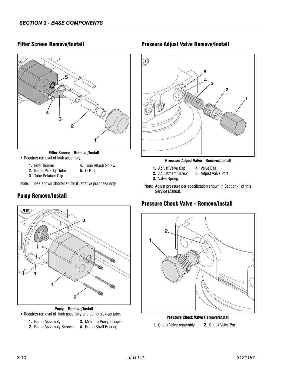 Filter screen remove/install, Pump remove/install, Pressure adjust valve remove/install | Pressure check valve - remove/install | JLG SSV10 Service Manual User Manual | Page 38 / 136