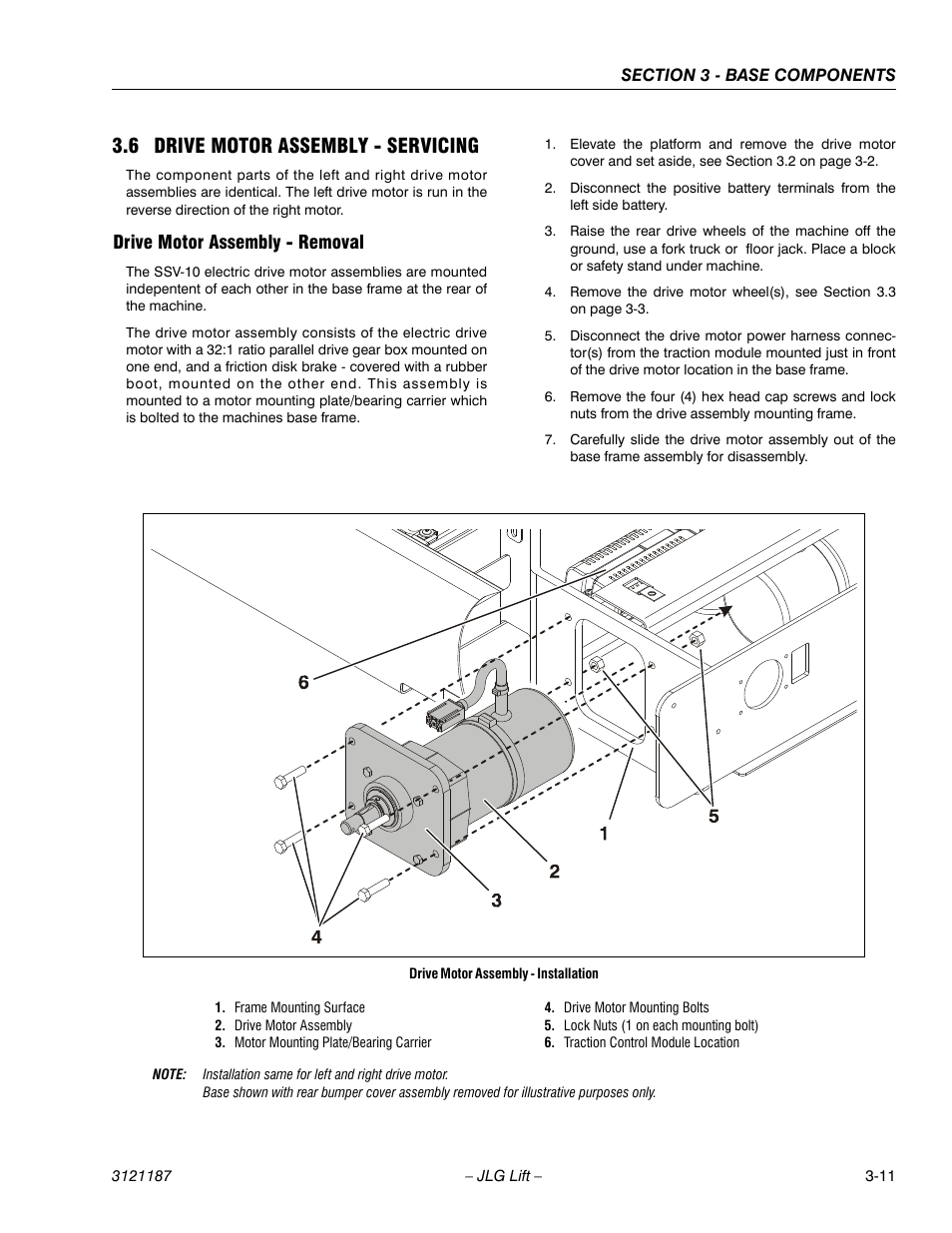 6 drive motor assembly - servicing, Drive motor assembly - removal, 6 drive motor assembly - servicing -11 | Drive motor assembly - removal -11 | JLG SSV10 Service Manual User Manual | Page 39 / 136