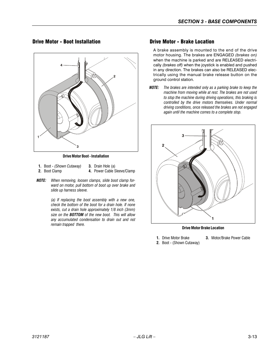 Drive motor - boot installation, Drive motor - brake location | JLG SSV10 Service Manual User Manual | Page 41 / 136