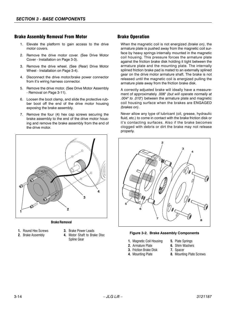 Brake assembly removal from motor, Brake operation, Brake assembly components -14 | JLG SSV10 Service Manual User Manual | Page 42 / 136