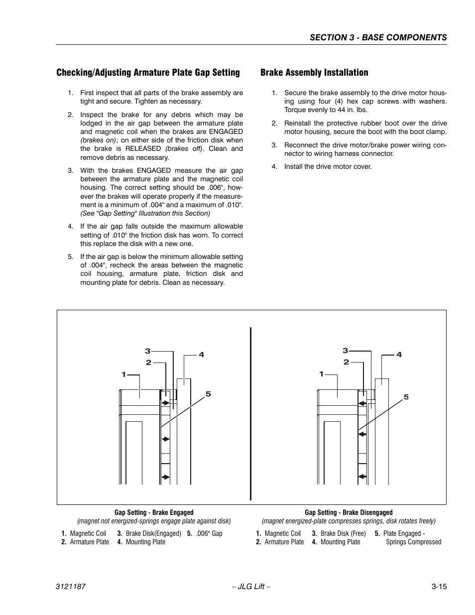 Checking/adjusting armature plate gap setting, Brake assembly installation | JLG SSV10 Service Manual User Manual | Page 43 / 136