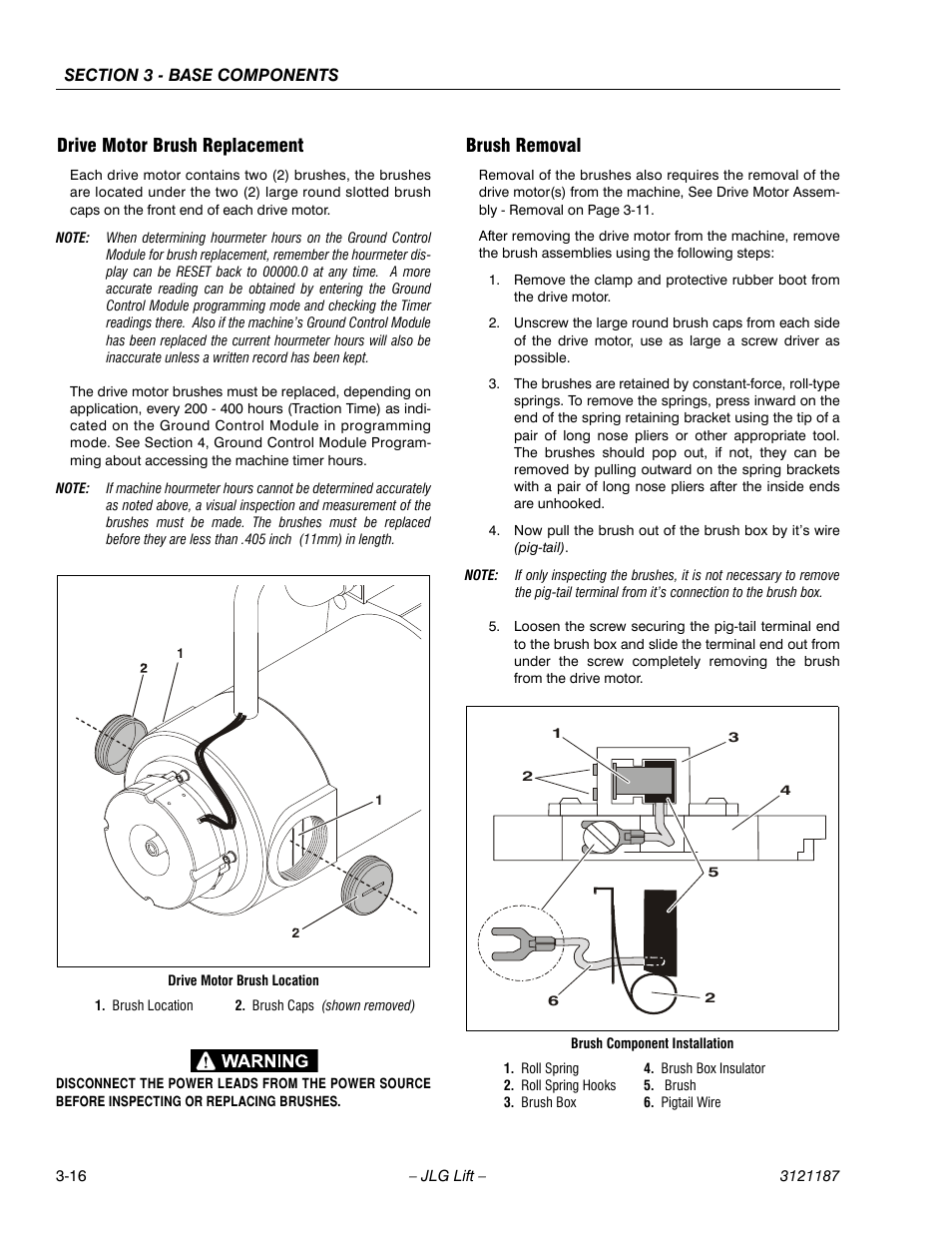 Drive motor brush replacement, Brush removal | JLG SSV10 Service Manual User Manual | Page 44 / 136