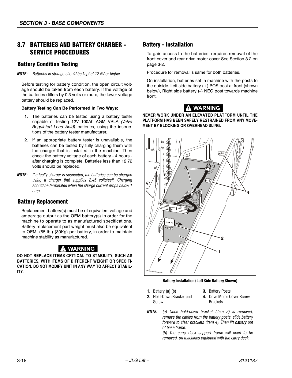 Battery condition testing, Battery replacement, Battery - installation | JLG SSV10 Service Manual User Manual | Page 46 / 136