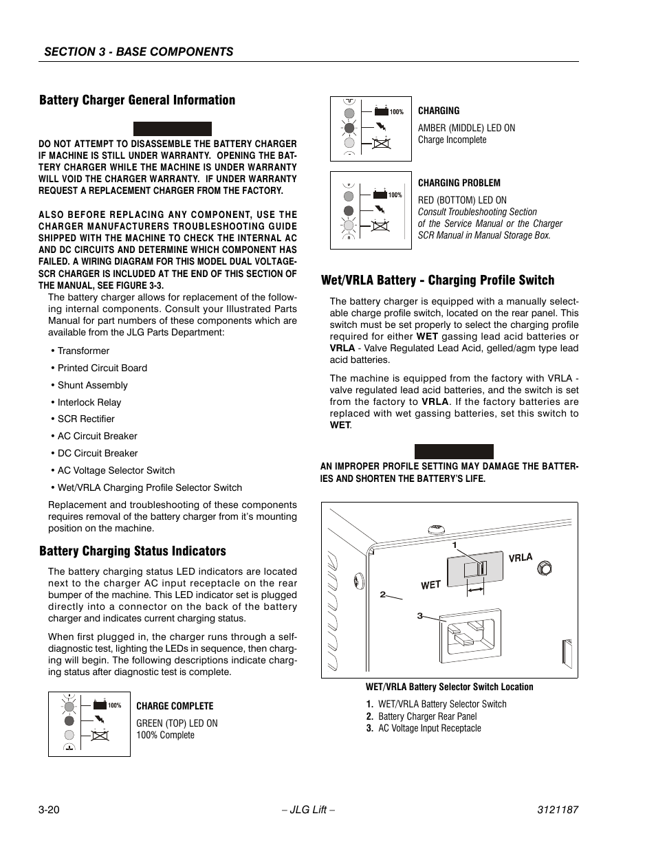 Battery charger general information, Battery charging status indicators, Wet/vrla battery - charging profile switch | Important | JLG SSV10 Service Manual User Manual | Page 48 / 136