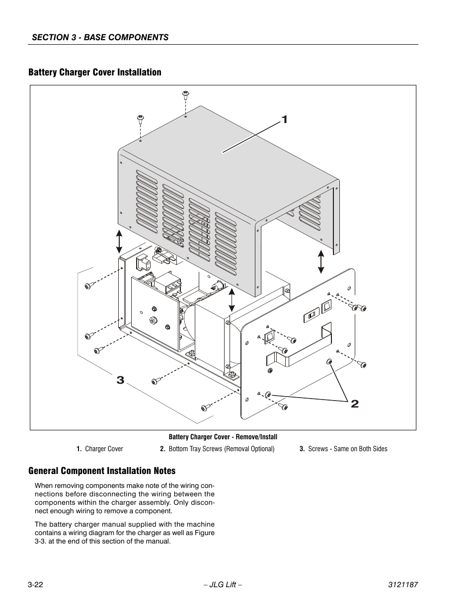 Battery charger cover installation, General component installation notes | JLG SSV10 Service Manual User Manual | Page 50 / 136