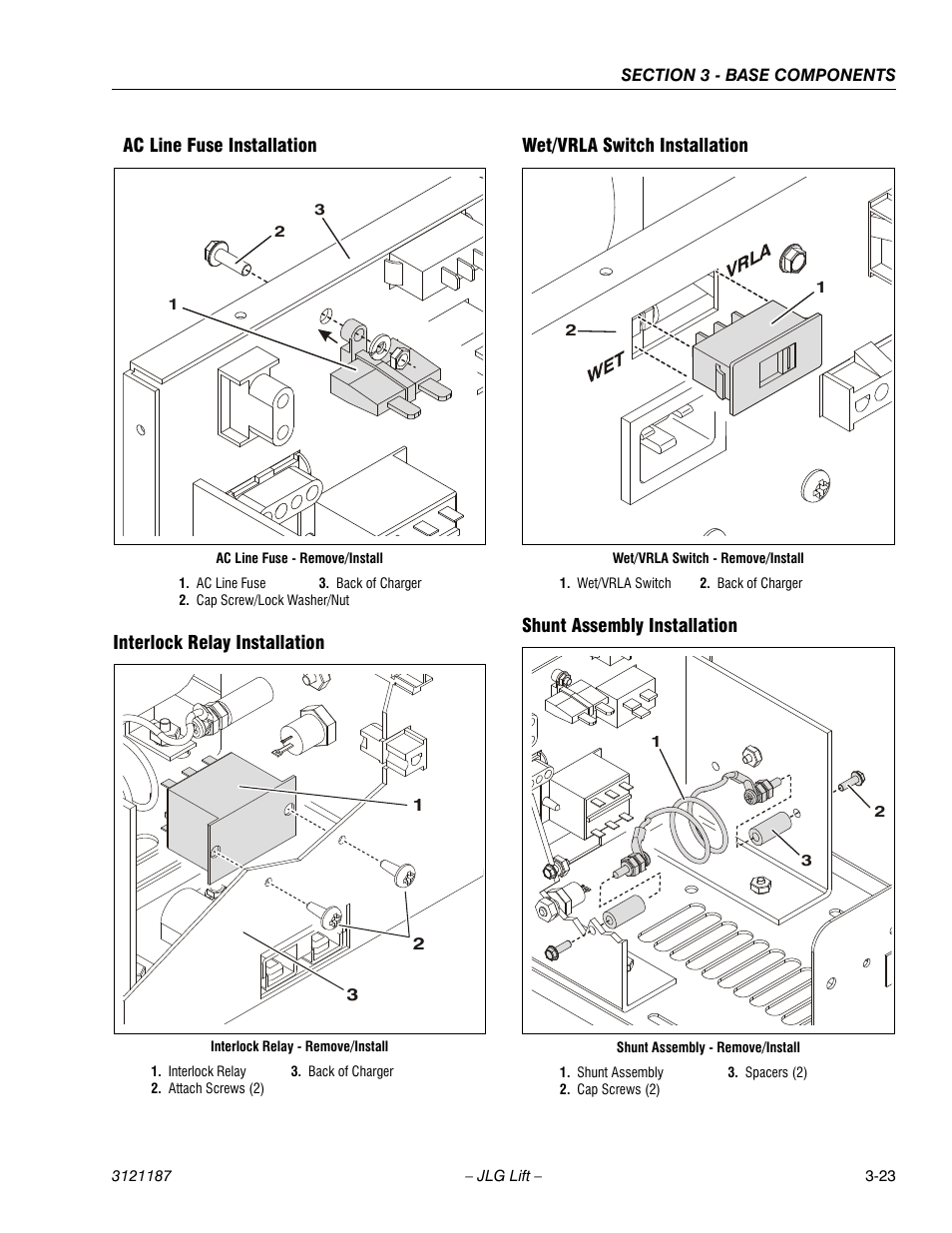 Ac line fuse installation, Interlock relay installation, Wet/vrla switch installation | Shunt assembly installation | JLG SSV10 Service Manual User Manual | Page 51 / 136