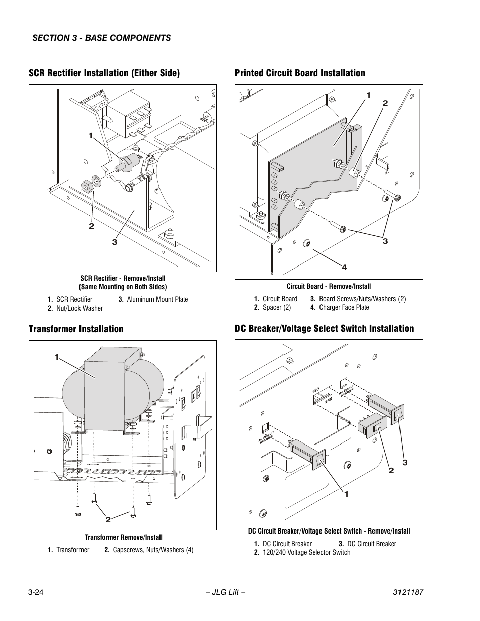 Scr rectifier installation (either side), Transformer installation, Printed circuit board installation | Dc breaker/voltage select switch installation | JLG SSV10 Service Manual User Manual | Page 52 / 136