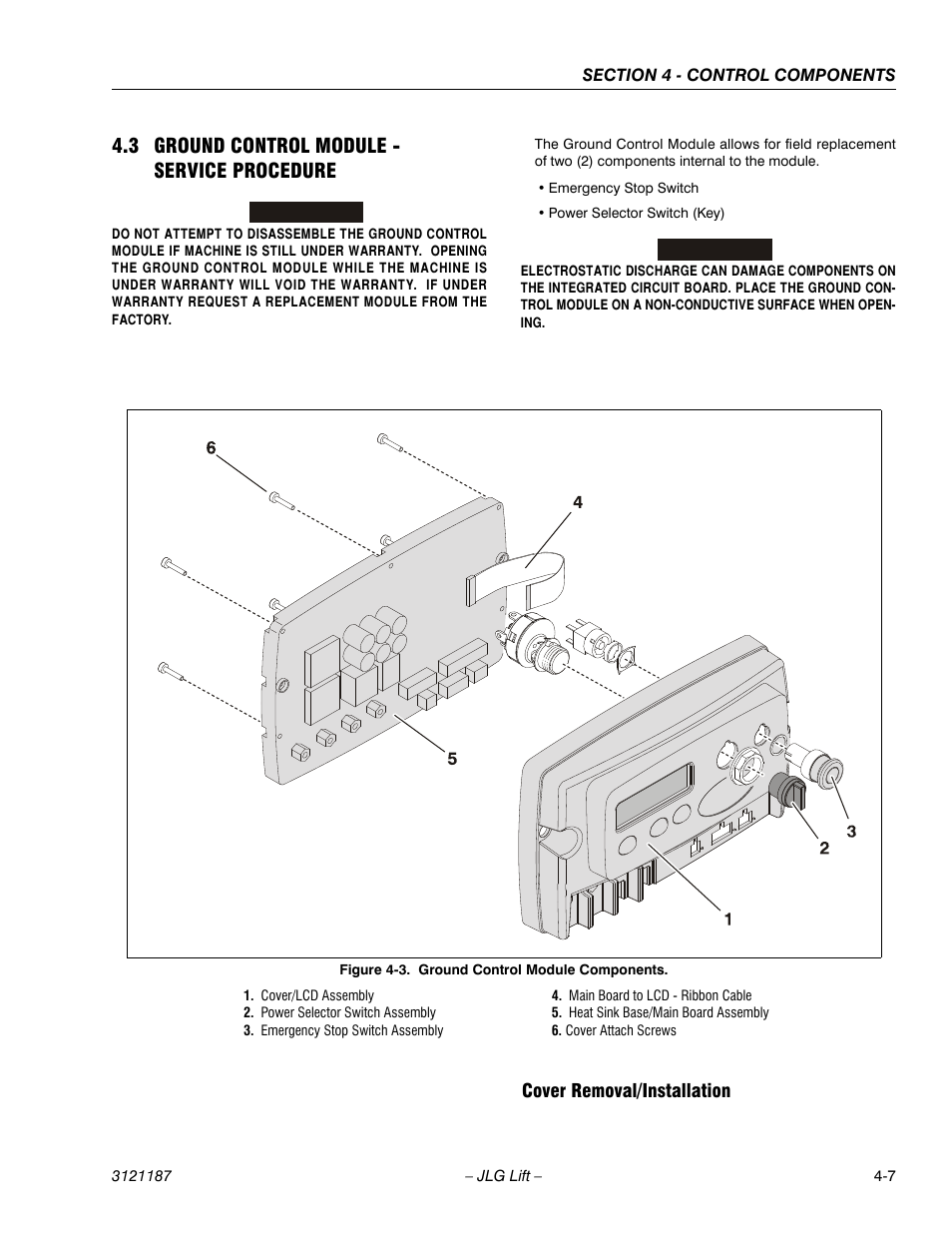 3 ground control module - service procedure, Cover removal/installation, 3 ground control module - service procedure -7 | Cover removal/installation -7, Ground control module components -7 | JLG SSV10 Service Manual User Manual | Page 61 / 136