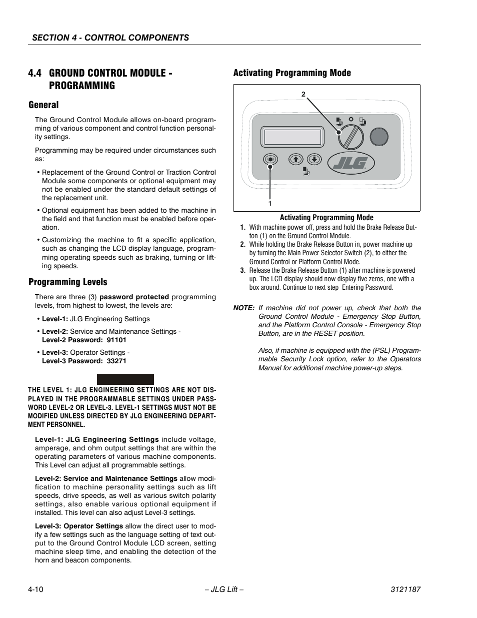 4 ground control module - programming, General, Programming levels | Activating programming mode, 4 ground control module - programming -10 | JLG SSV10 Service Manual User Manual | Page 64 / 136